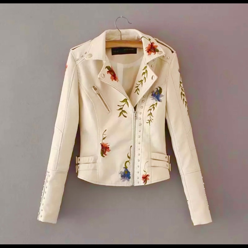 NEW Flower Print Leather Jacket Cream White
